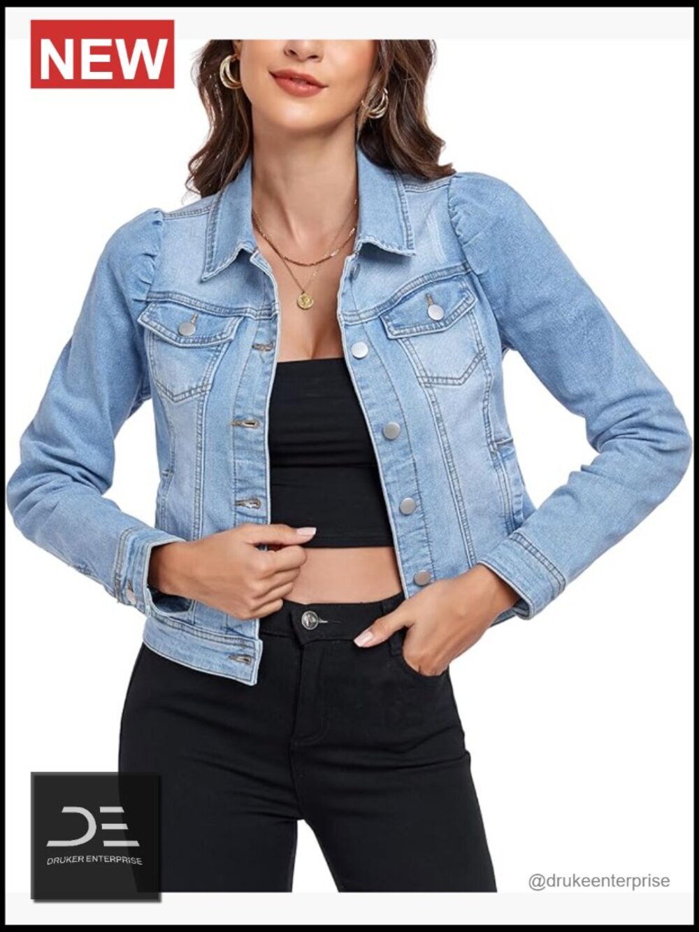 Cropped Denim Jacket Stretchy Puff Long Sleeve Ripped with Pockets